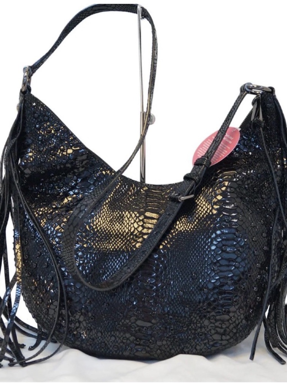 Micheal Kors Rhea Fringe Crystal Black Snake-Embossed Studded Hobo Bag with Char
